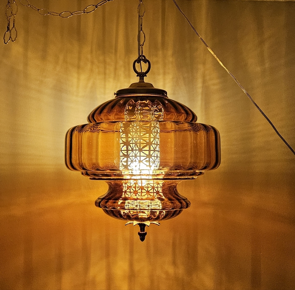 Vintage AMBER Glass FALKENSTEIN Hanging Light Swag Lamp Retro Diffuser